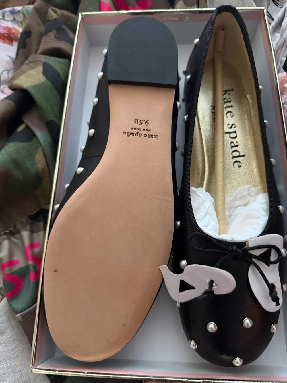 kate spade black ballet flats with pearl studs and bow